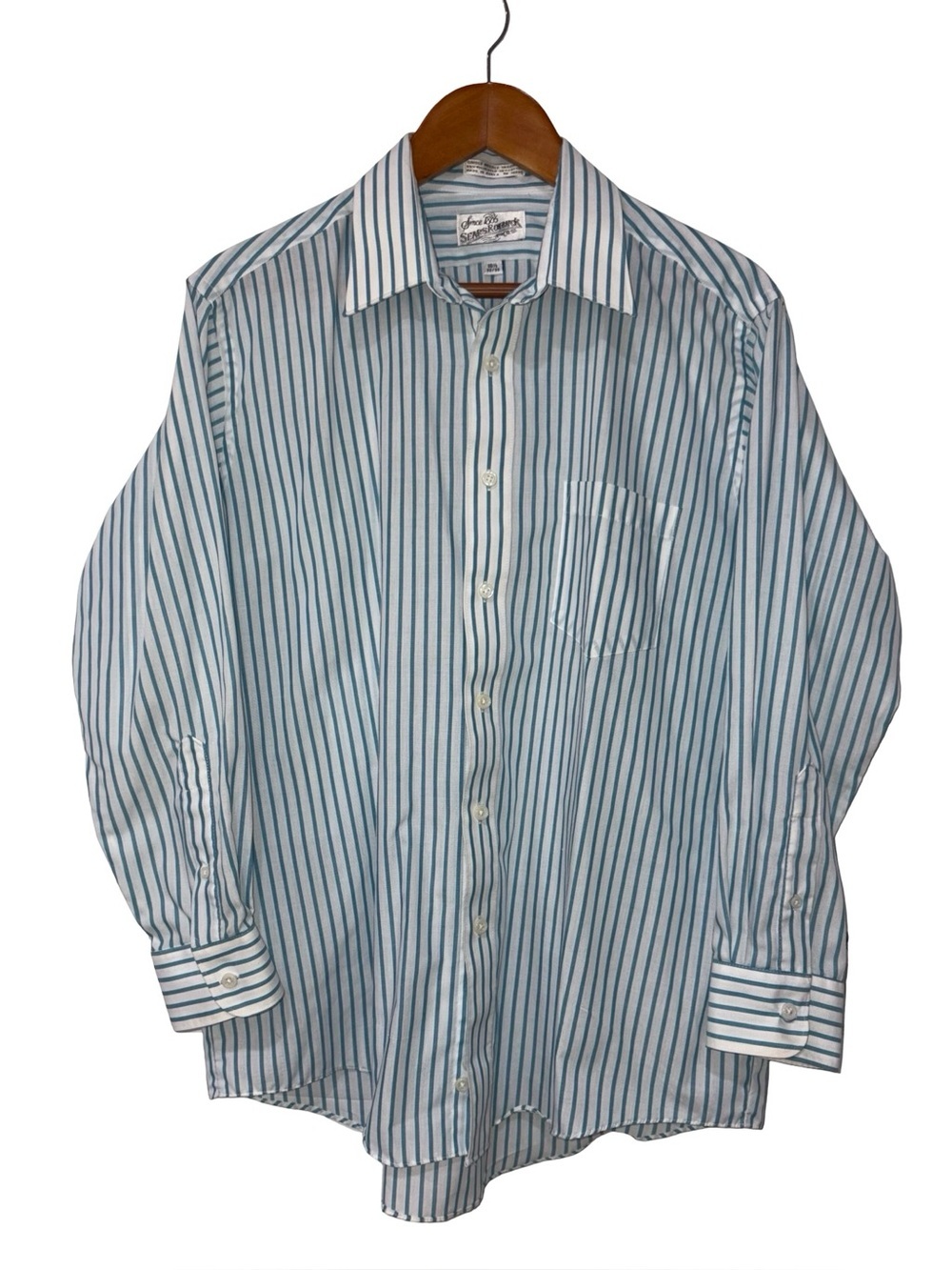Vintage Sears Roebuck Blue & White Striped Dress Shirt 16.5 32/33 Coastal